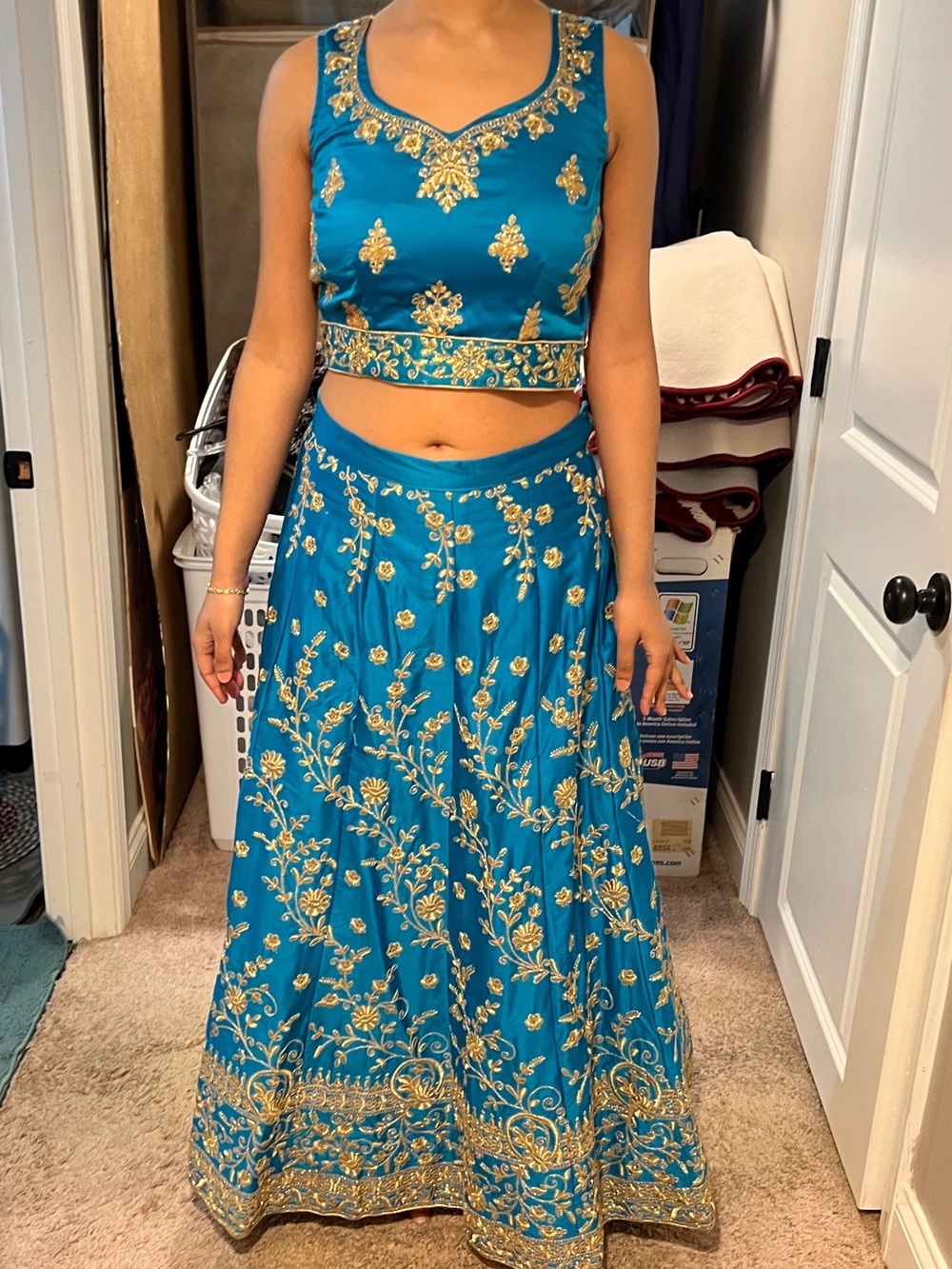 Teal Embroidered A-Line Skirt with Gold Accents